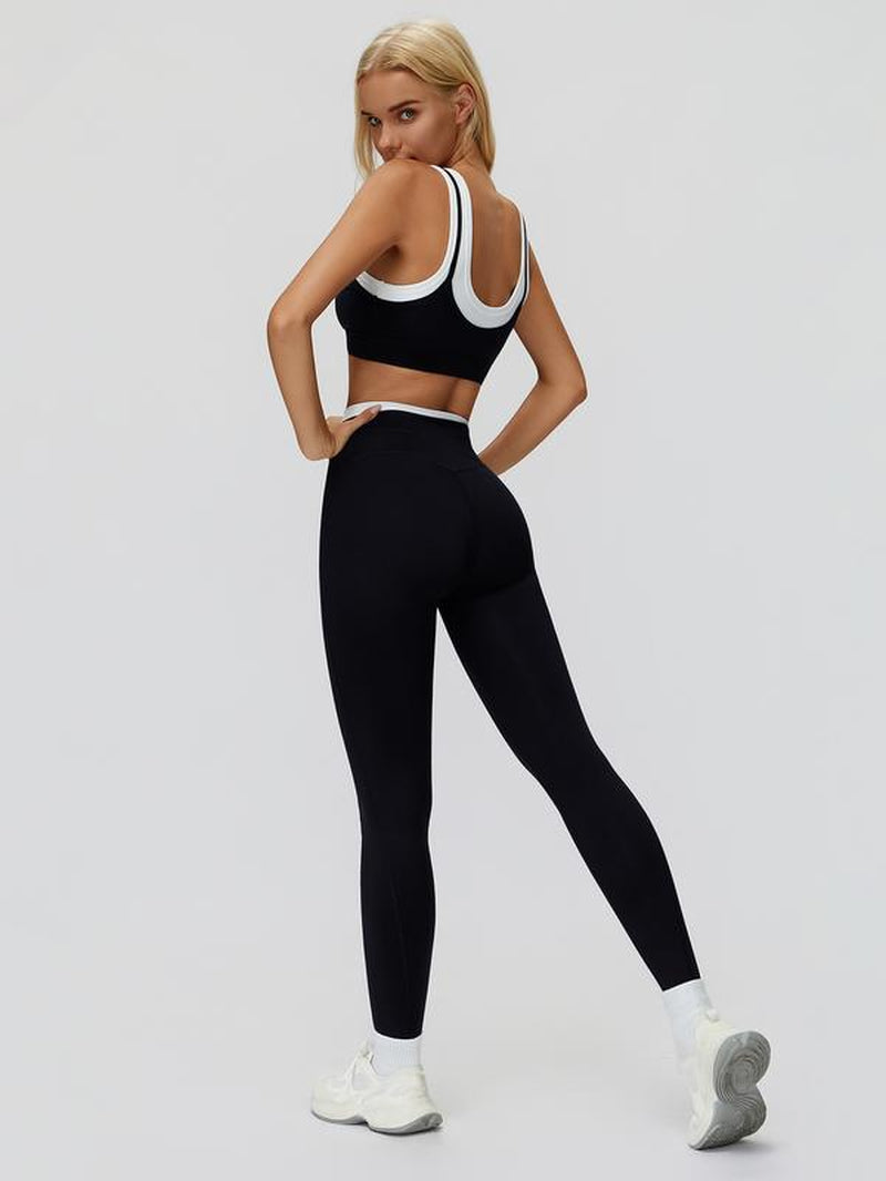 Women'S Two-Piece Colorblock Yoga Set, High-Waisted Ribbed Casual Fitness Sportswear, Versatile for Gym Workout