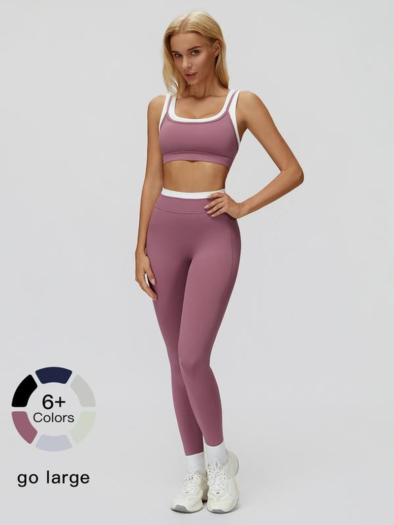 Women'S Two-Piece Colorblock Yoga Set, High-Waisted Ribbed Casual Fitness Sportswear, Versatile for Gym Workout